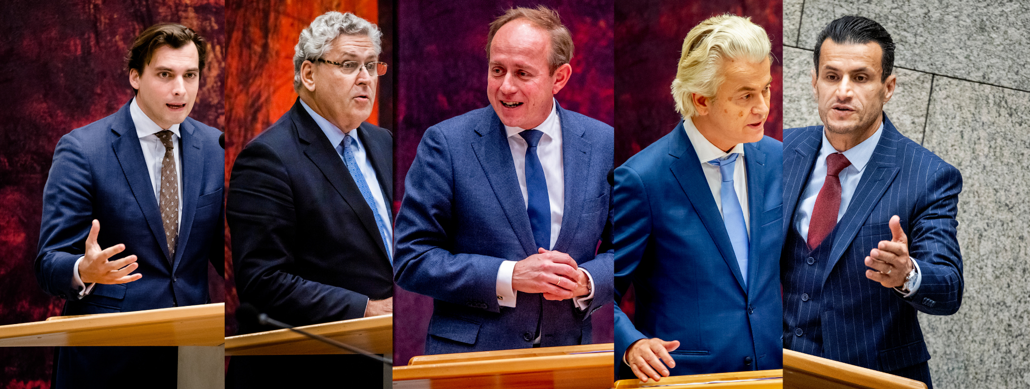 V.l.n.r. Thierry Baudet (FVD), Henk Krol (LHK), Kees van der Staaij (SGP), Geert Wilders (PVV) en Farid Azarkan(DENK)