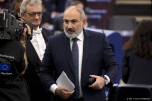 2023-10-17 12:26:18 epa10923323 Armenian Prime Minister Nikol Pashinyan after he addresses the members of the European Parliament in Strasbourg, France, 17 October 2023. The EU Parliament's session runs from 16 till 19 October.  EPA/JULIEN WARNAND