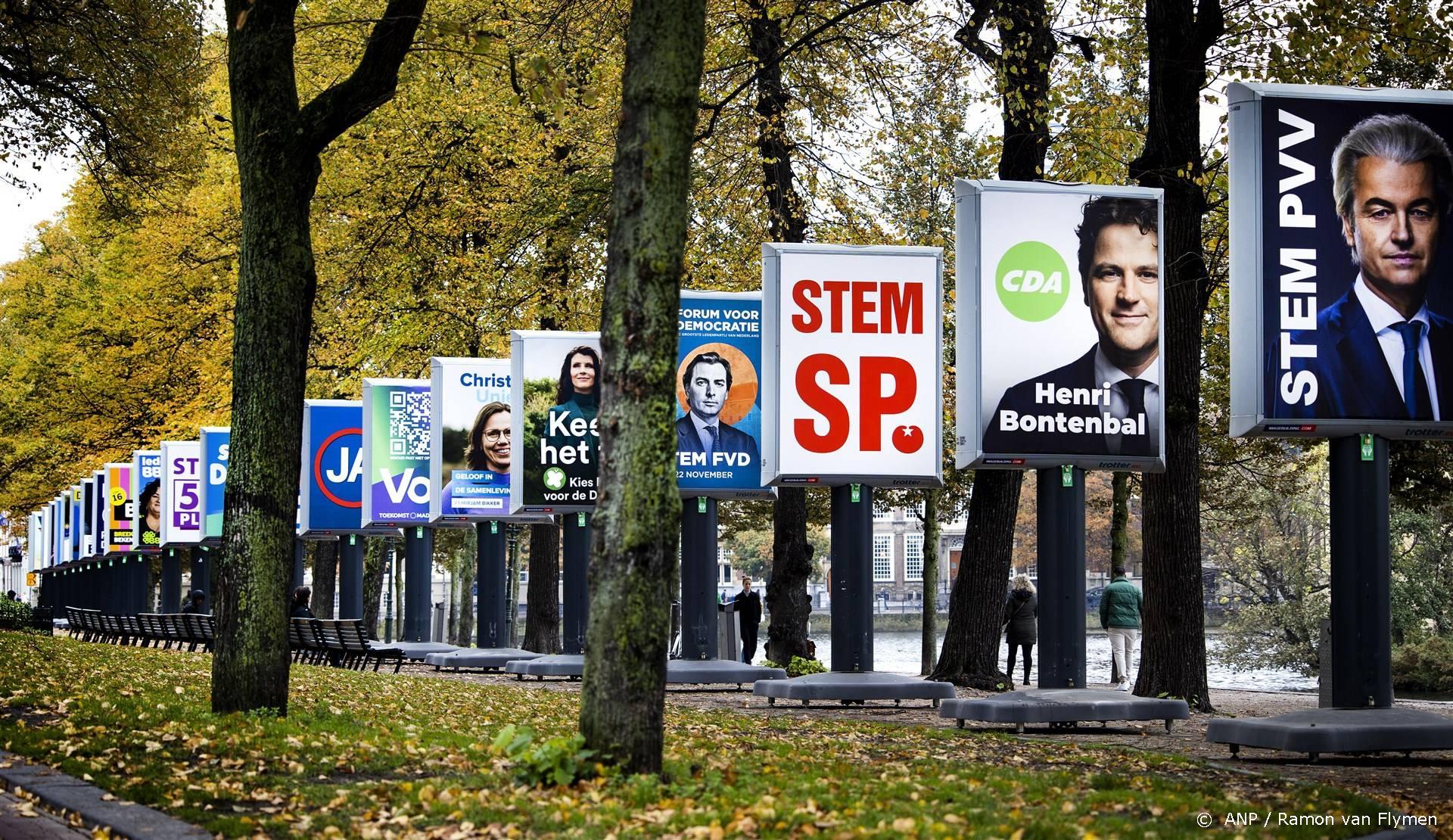2023-10-24 12:15:45 DEN HAAG - Verkiezingsborden voor politieke partijen op de Lange Vijverberg, in aanloop naar de aankomende Tweede Kamerverkiezingen. ANP RAMON VAN FLYMEN