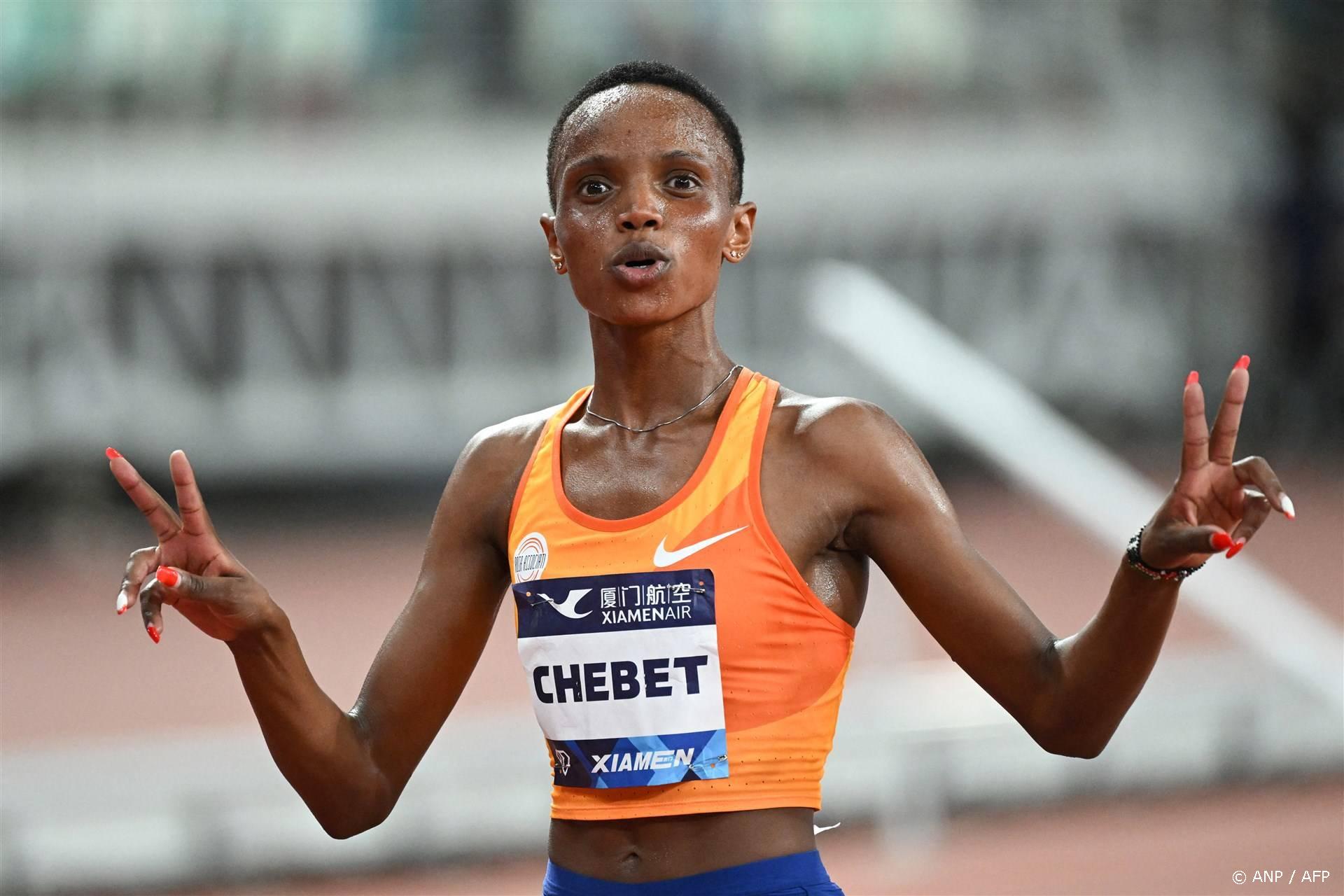 Kenya's Beatrice Chebet celebrates after winning in the women's 3000m final during the IAAF Diamond League athletics meeting at Egret Stadium in Xiamen, in China’s eastern Fujian province on September 2, 2023. 
GREG BAKER / AFP