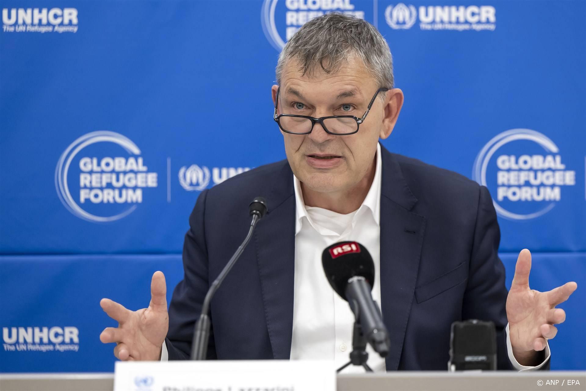 epa11028888 Philippe Lazzarini, United Nations Relief and Works Agency for Palestine Refugees (UNRWA) Commissioner-General, speaks to the media about his third visit to Gaza since the conflict began on 07 October, during the UNHCR Global Refugee Forum (GRF) in Geneva, Switzerland, 14 December 2023. The Global Refugee Forum, which is held every four years, takes place from 13 to 15 December 2023 in Geneva.  EPA/MARTIAL TREZZINI