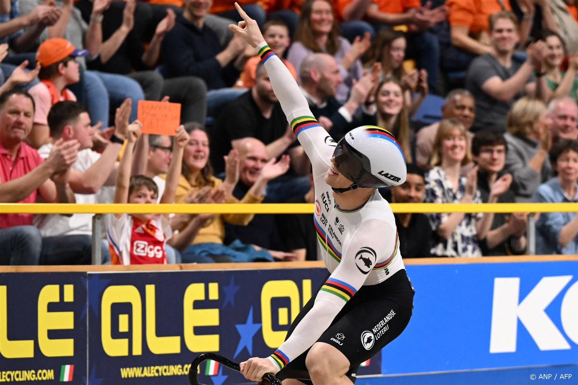 Netherlands' Harrie Lavreysen celebrates and gestures after winning heat 1 of the Men's Sprint semi-final race during the fourth day of the UEC European Track Cycling Championships at the Omnisport indoor arena in Apeldoorn, on January 13, 2024. 
JOHN THYS / AFP
