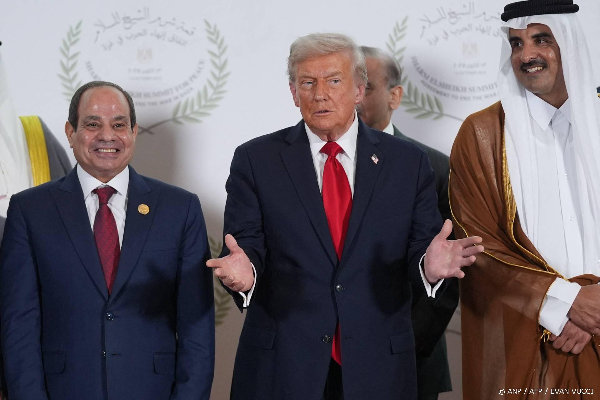 (Front L-R) Egyptian President Abdel Fattah al-Sisi, US President Donald Trump, and Emir of Qatar Sheikh Tamim ben Hamad al-Thani, pose for a group picture alongside other leaders at the Gaza summit in Sharm El-Sheikh on October 13, 2025. Trump landed in Egypt on October 13 for a summit on Gaza, following a lightning visit to Israel after a ceasefire he brokered entered into force.
Evan Vucci / POOL / AFP
